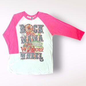 "Rock Me Mama Like a Wagon Wheel" Ladies Raglan 3/4 Sleeve Graphic Tee (Size- L)